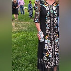 Black sheer 3/4 length dress over tank slip dress, embroidered all over